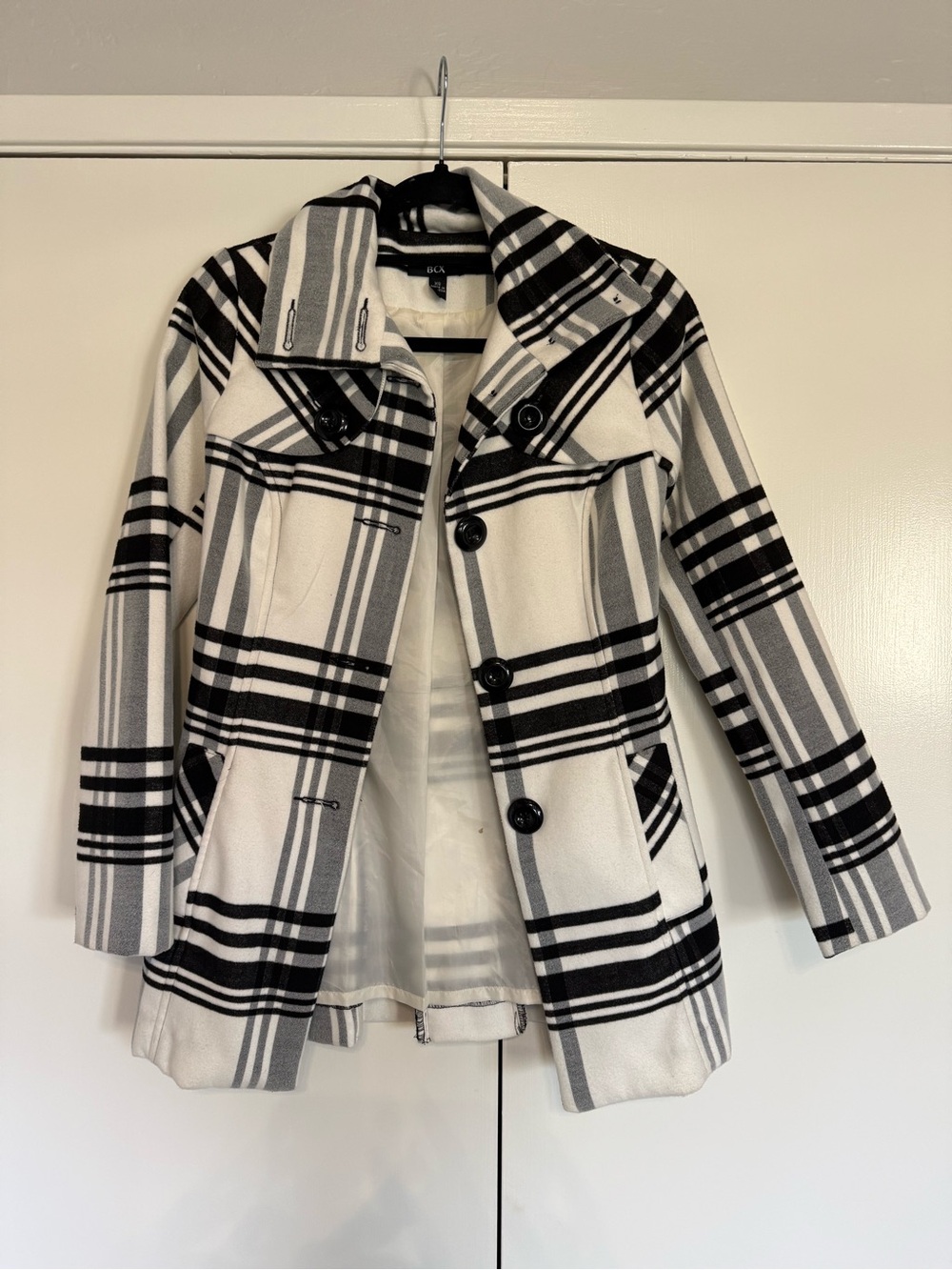 BCX Black & White Plaid Peacoat